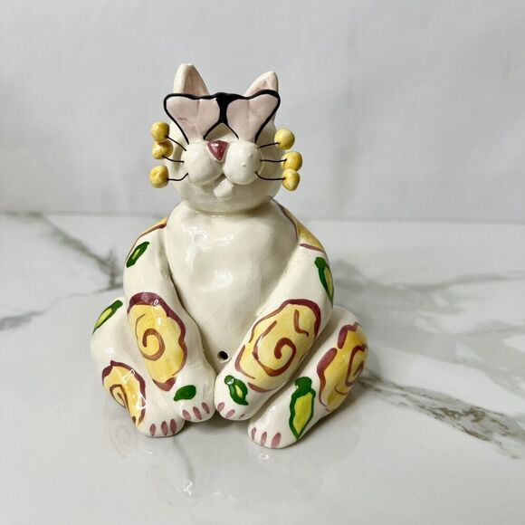 Lacombe WhimsiClay Heart Eye Floral Sitting Cat Figurine - Picture 2 of 10